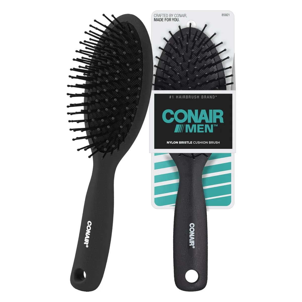 Black Conair men's hair brush, rectangular cushioned base with ball-tipped bristles