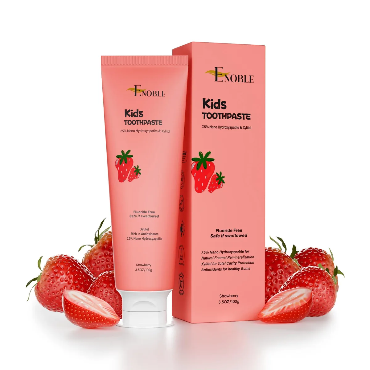 White squeeze tube with strawberry illustration and Enoble branding