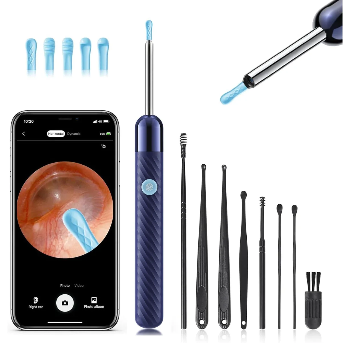 Blue wireless ear otoscope with camera lens and LED lights, 6.69 inches long, includes ear pick storage bottle and Type-C cable