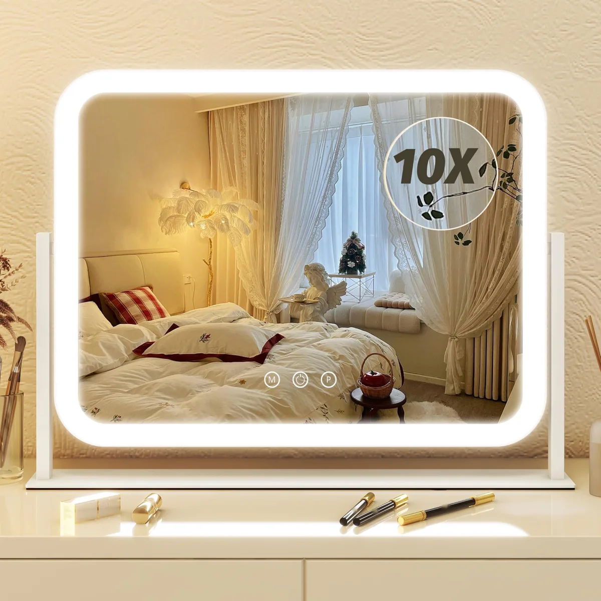 White rectangular tabletop mirror 17 by 13 inches with LED border and 360 degree swivel base