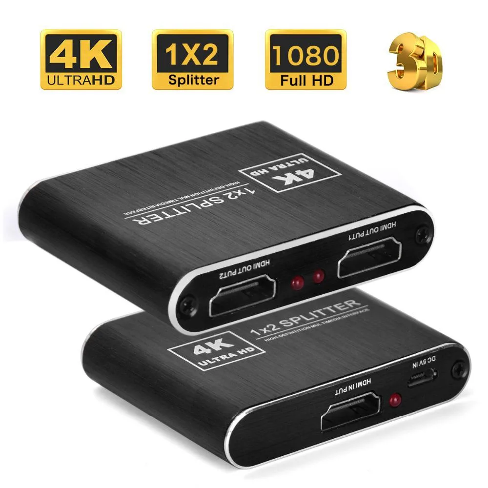 Black rectangular HDMI splitter with three ports and USB power