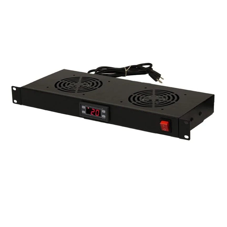 Black 1U 19-inch rack panel with two fans and digital thermostat display