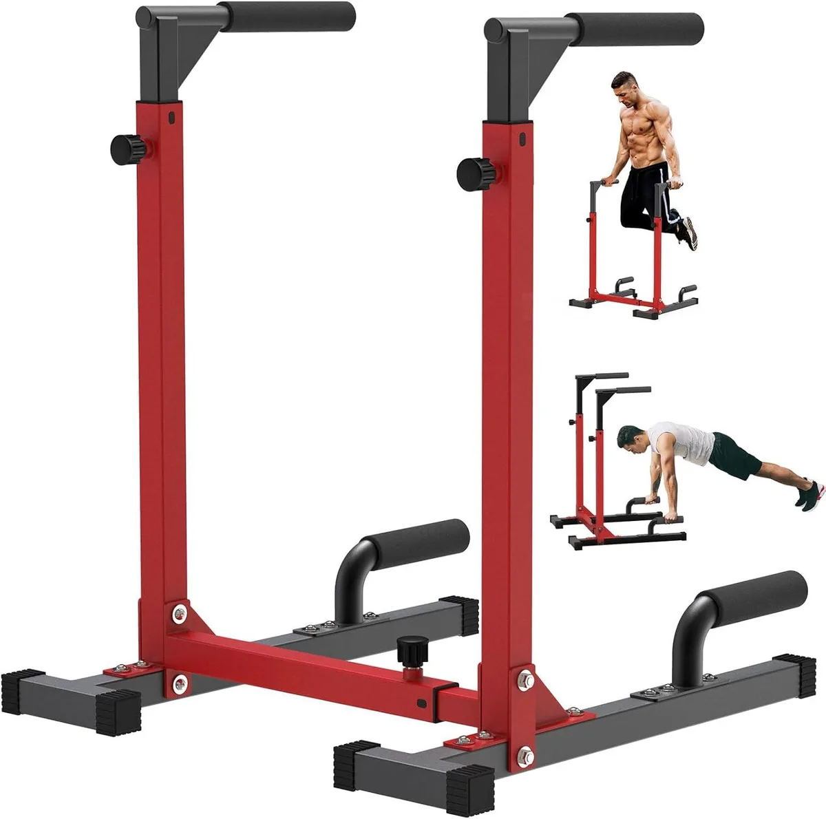 Silver steel dip station with T-shaped base, rubber feet, foam handles and pull-knob height adjustment