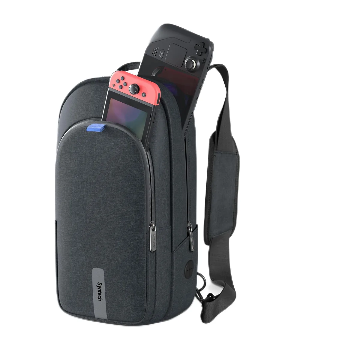 Black polyester sling bag, 13.8 by 5.3 by 5.3 inches, adjustable strap, side charging port