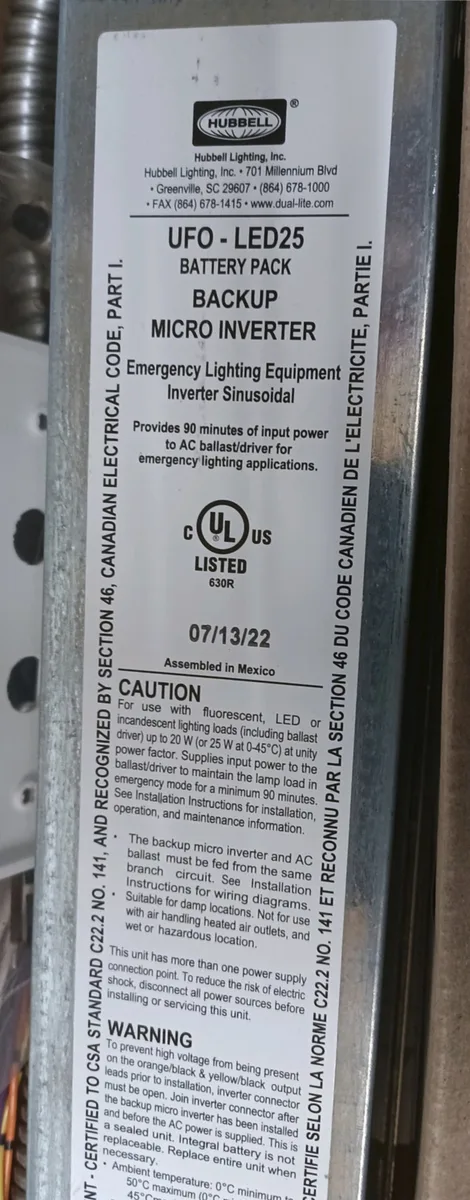 Hubbell Incorporated Hubbell Incorporated UFO-LED25 Emergency Battery Pack Ballast 120/277 Vac — product photo