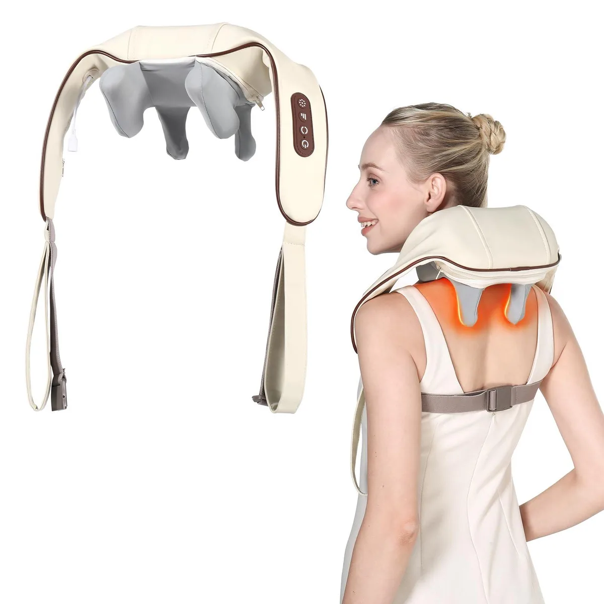 White U-shaped neck massager with faux leather finish and rear strap