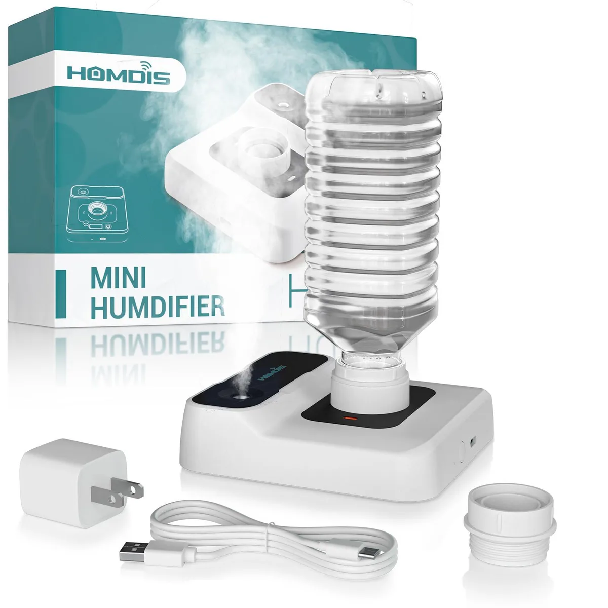 White portable humidifier, compact bottle-sized shape, matte finish