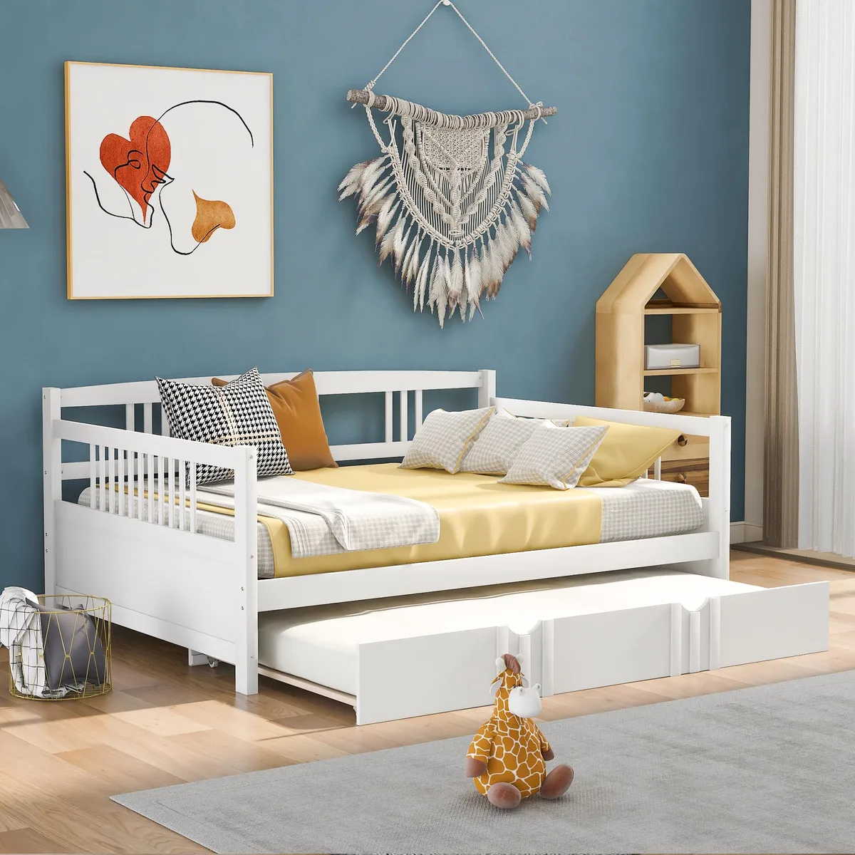 White solid-wood daybed frame with pull-out trundle, 76 by 54.5 inches