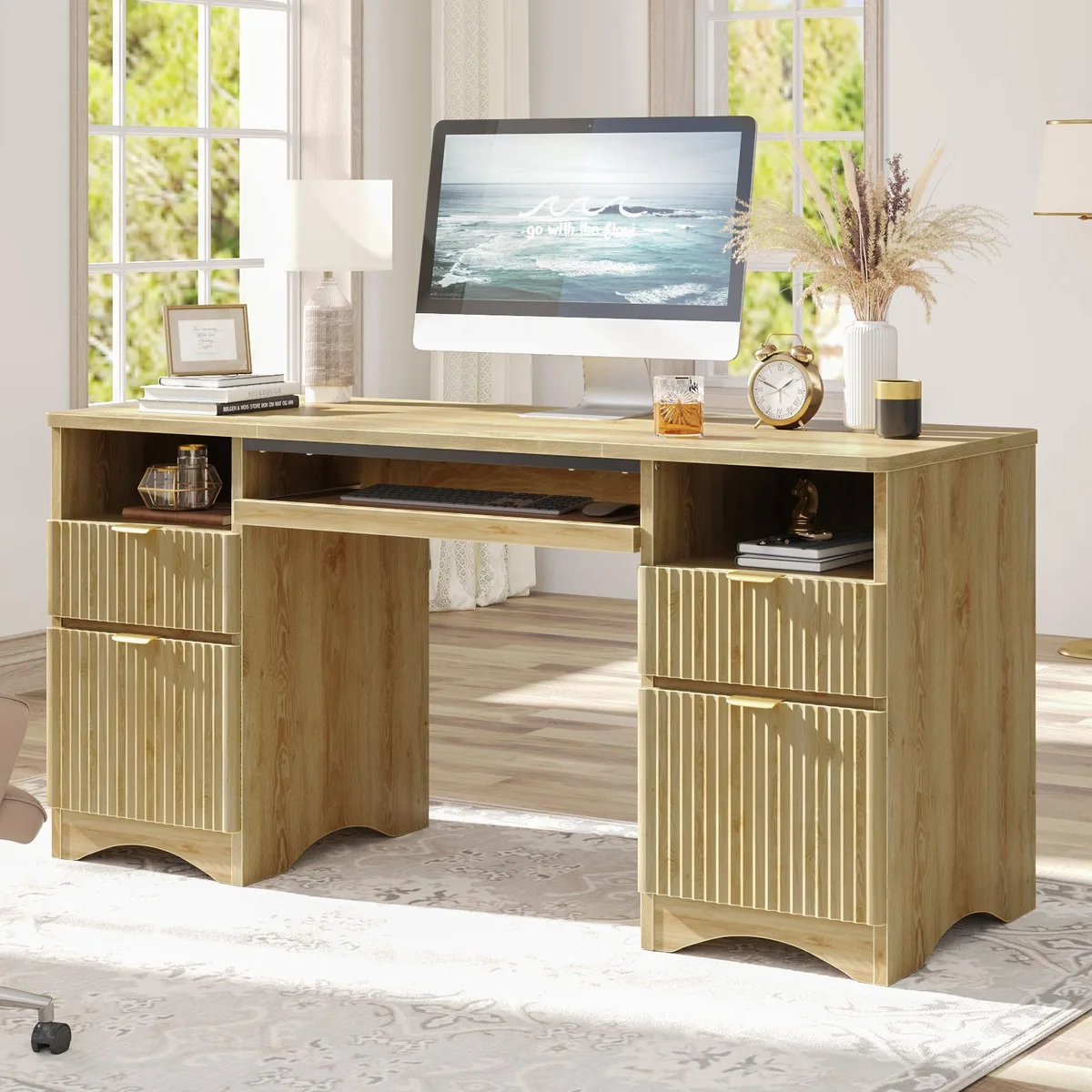 Bestier Bestier 59" Executive Office Desk with Drawers, Grey Washed Log — product photo