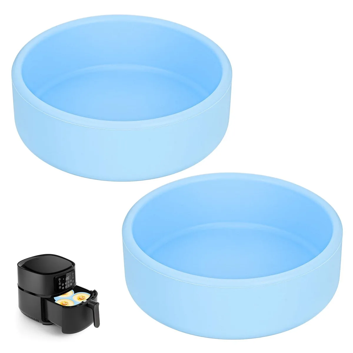 Two round blue silicone egg molds, shallow cups with smooth matte finish