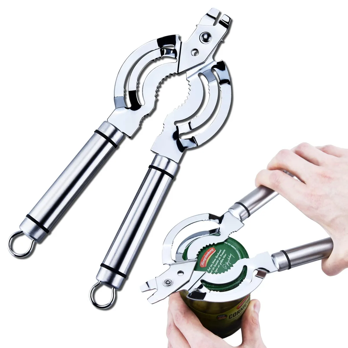 Stainless steel 11in manual jar opener with streamlined handle and hanging hole