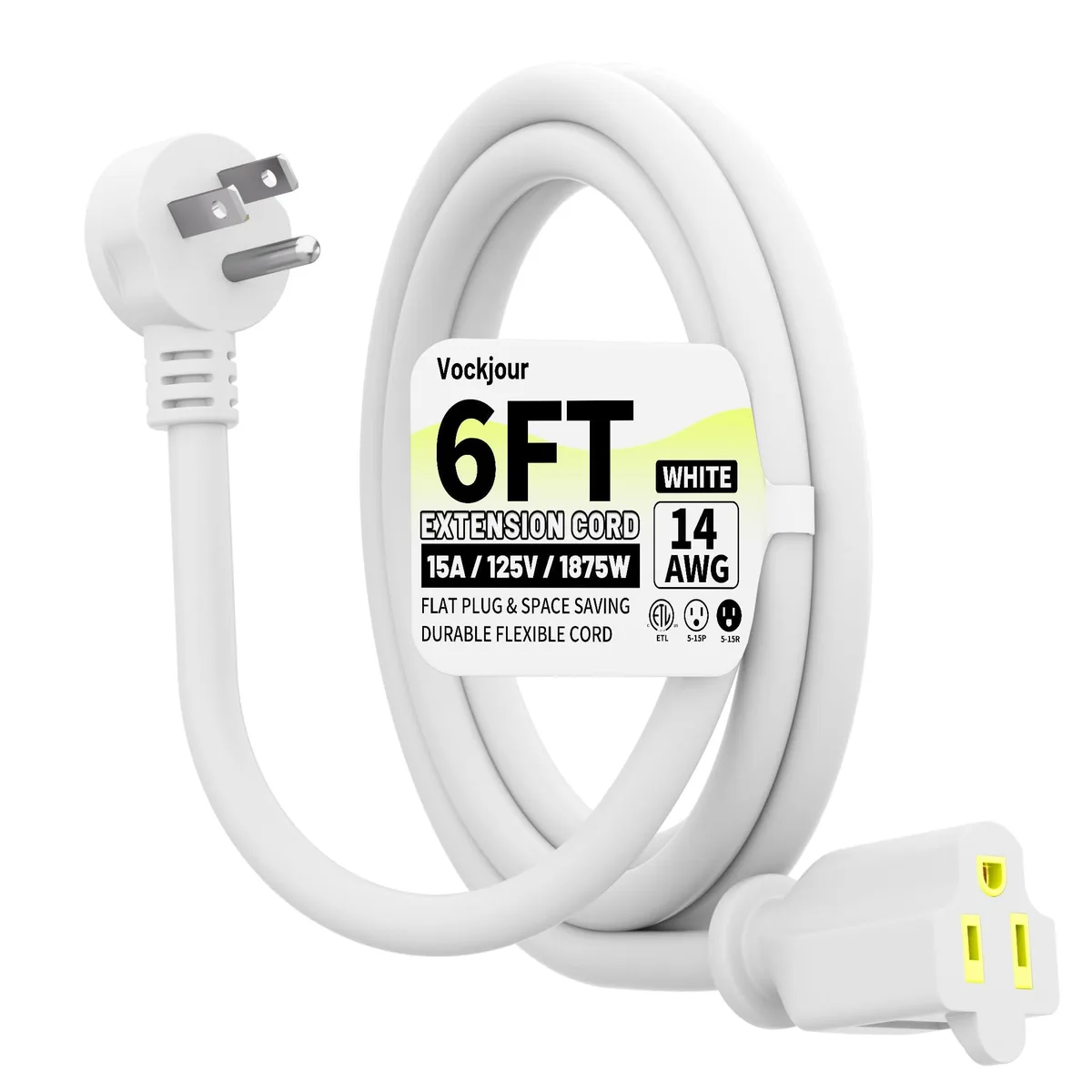  Vockjour 6 ft White Low Profile Flat Plug 14AWG 15A 125V 1875W ETL Power Extension Cord — product photo