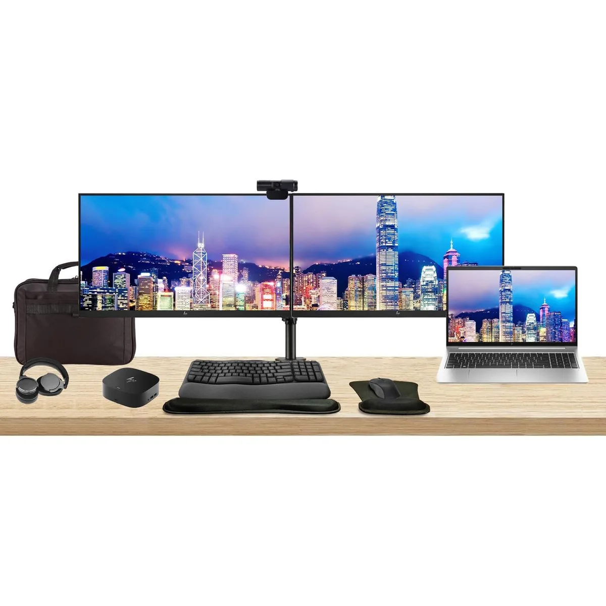 HP HP ProBook 455 G10 15.6" Ryzen 5 7530U 8GB 256GB Bundle Dual 24" Monitors Dock MK670 Webcam Headphones Bag — product photo