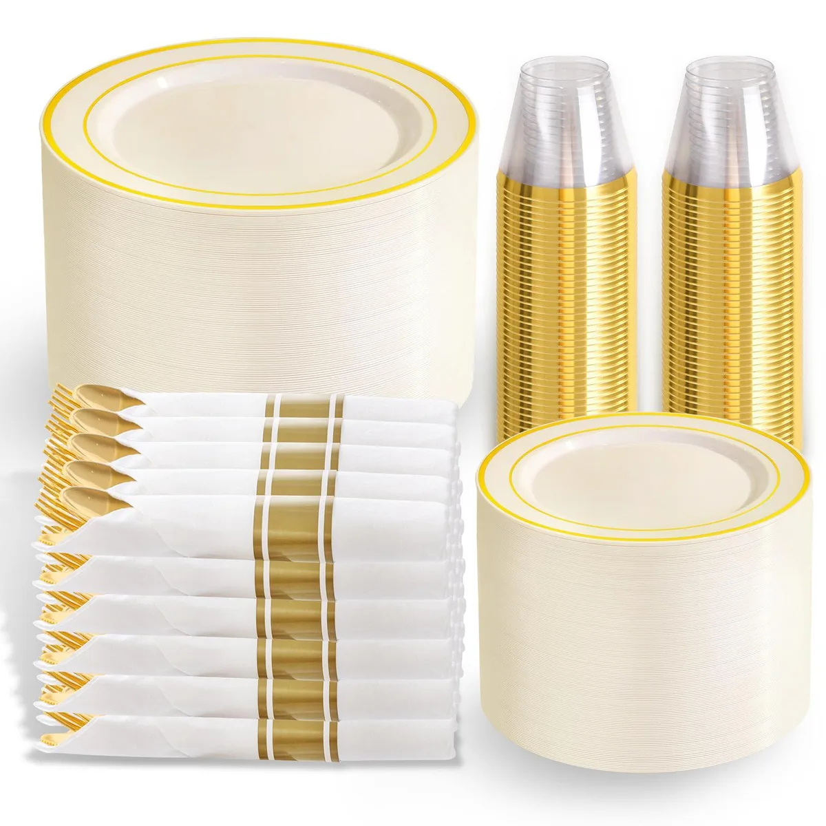 Ivory plastic dinnerware set for 50 guests, 350 pieces including plates, cutlery, cups and napkins