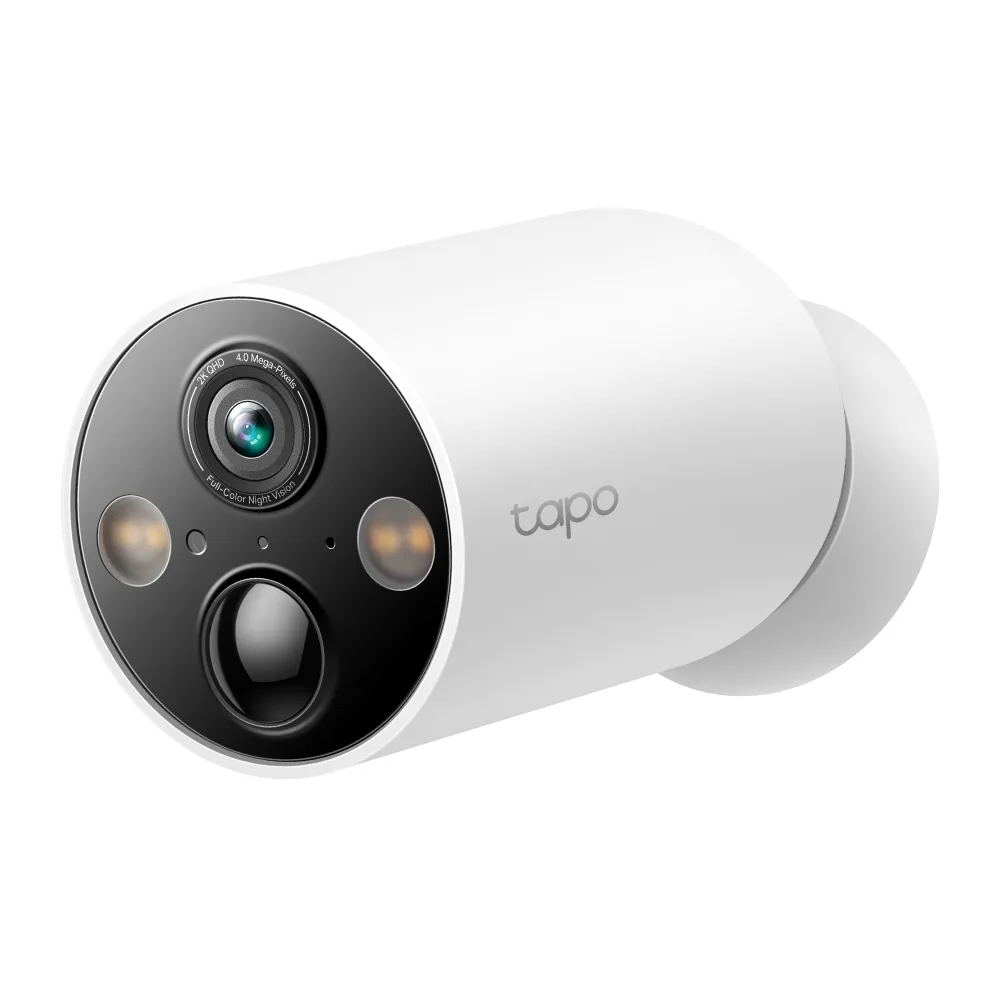 White wire-free magnetic security camera with wide-angle lens and spotlight