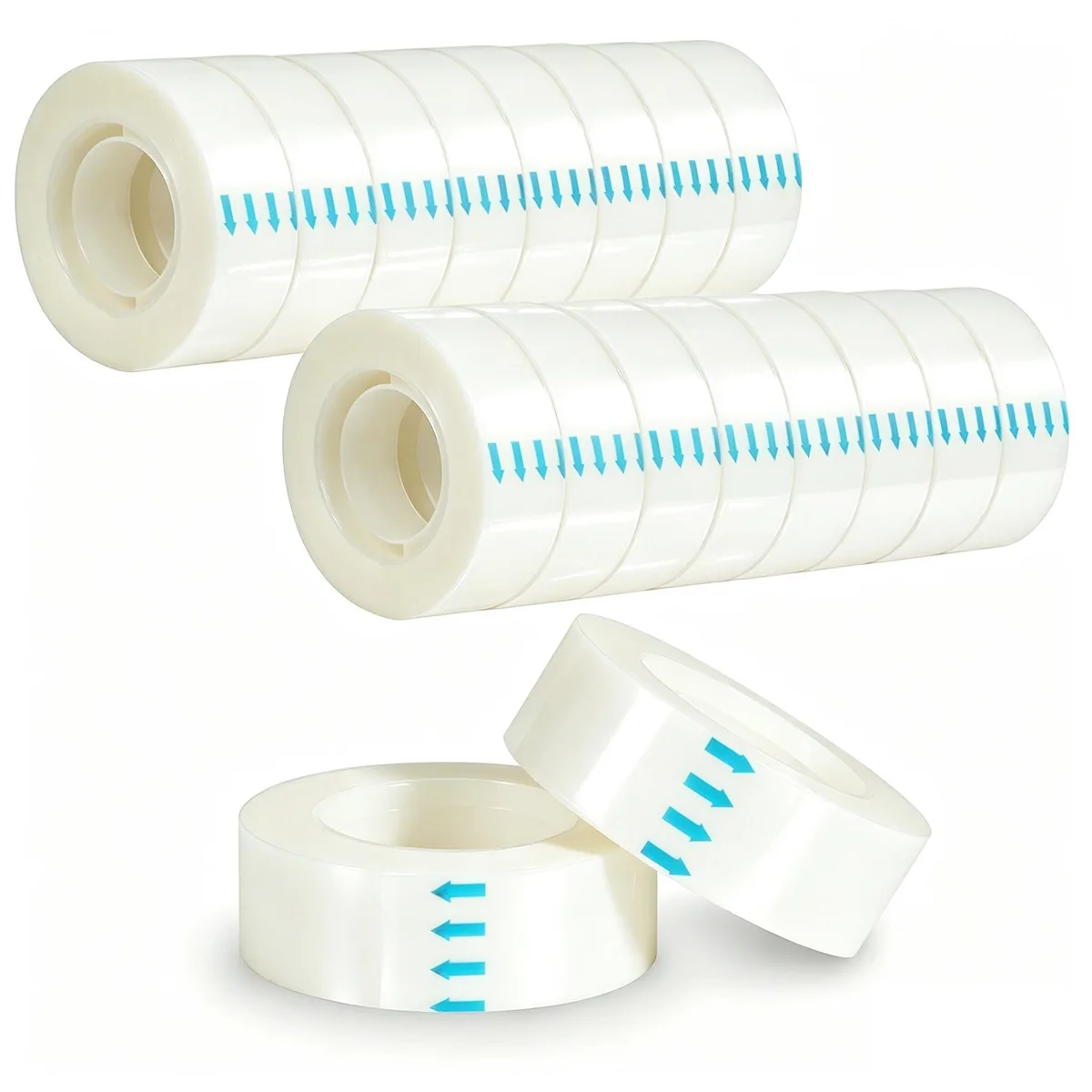 Sixteen clear BOPP tape rolls on 1 inch cores in bulk pack