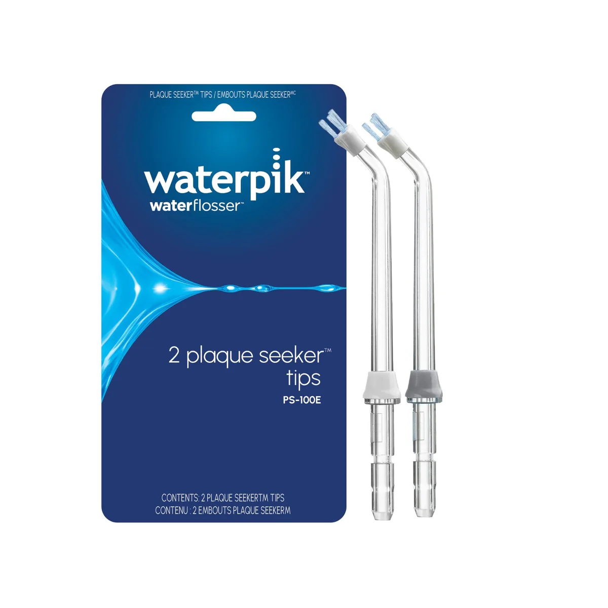 Two white Waterpik Plaque Seeker tips with soft bristles, color-coded bases