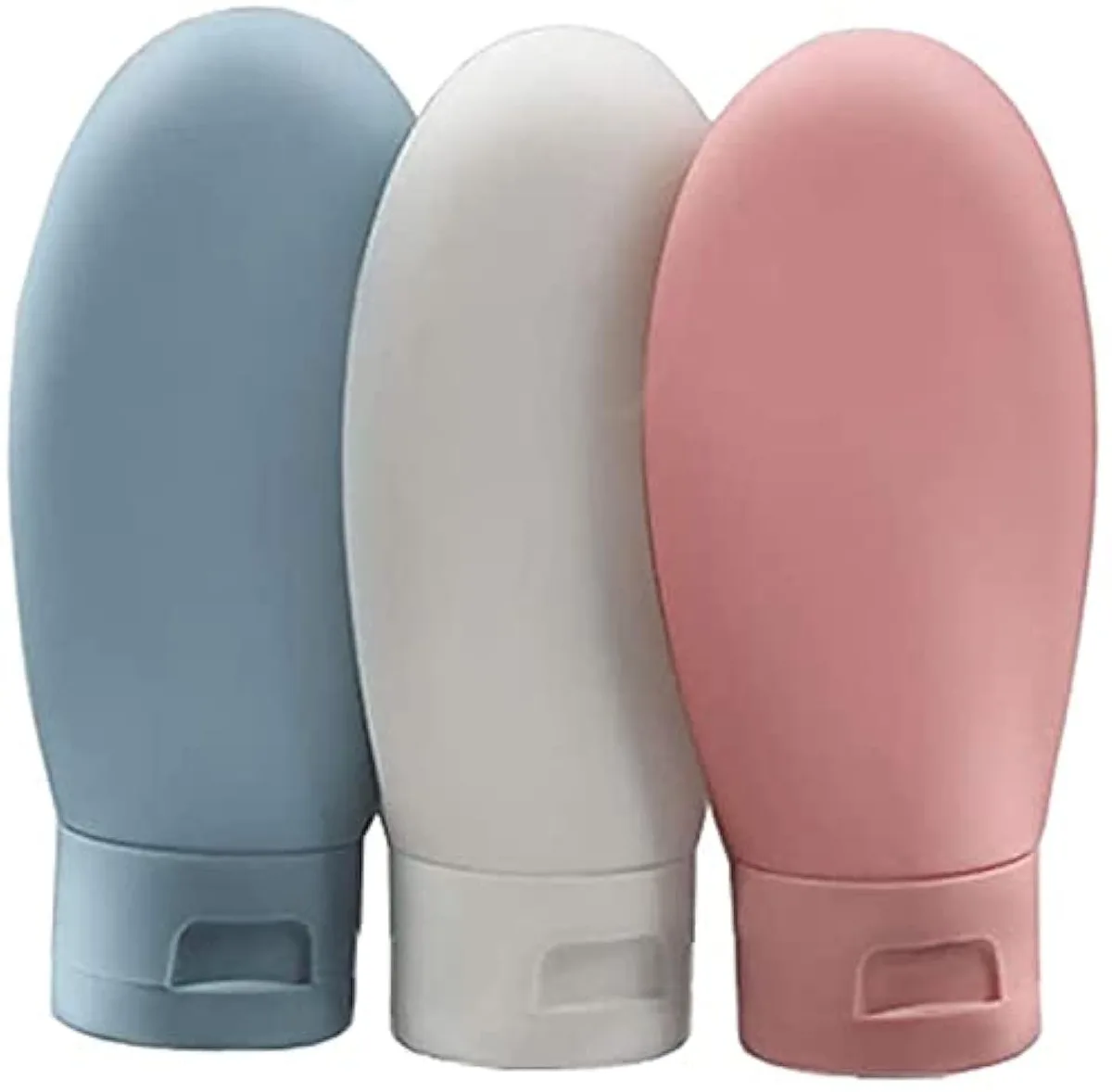 Three multicolour 60 ml silicone travel bottles with flip caps in a clear carry bag