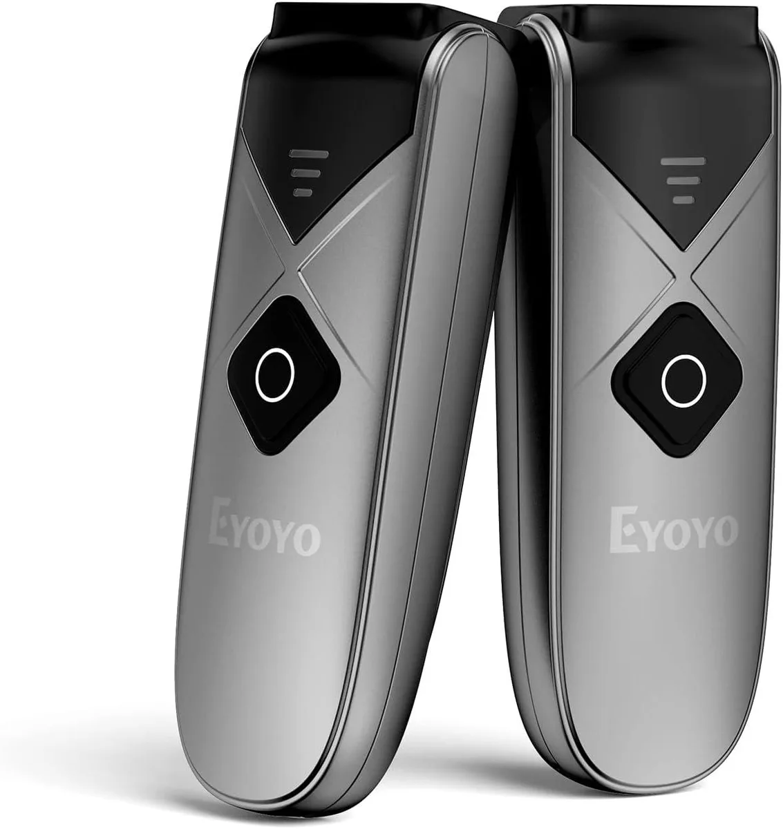 Two compact white barcode scanners side by side