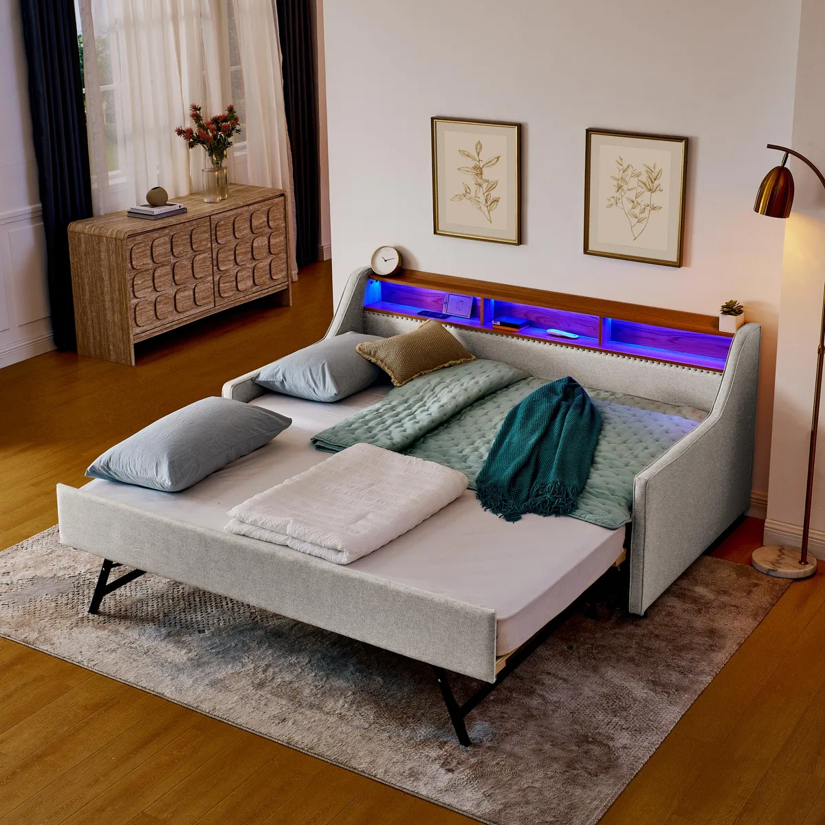 Beige linen twin sofa bed with LED headboard, storage shelf, pull-out trundle and wireless charger