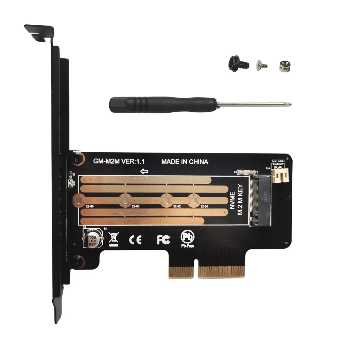 Green circuit board with gold edge connector and silver M.2 slot, full-height metal bracket attached