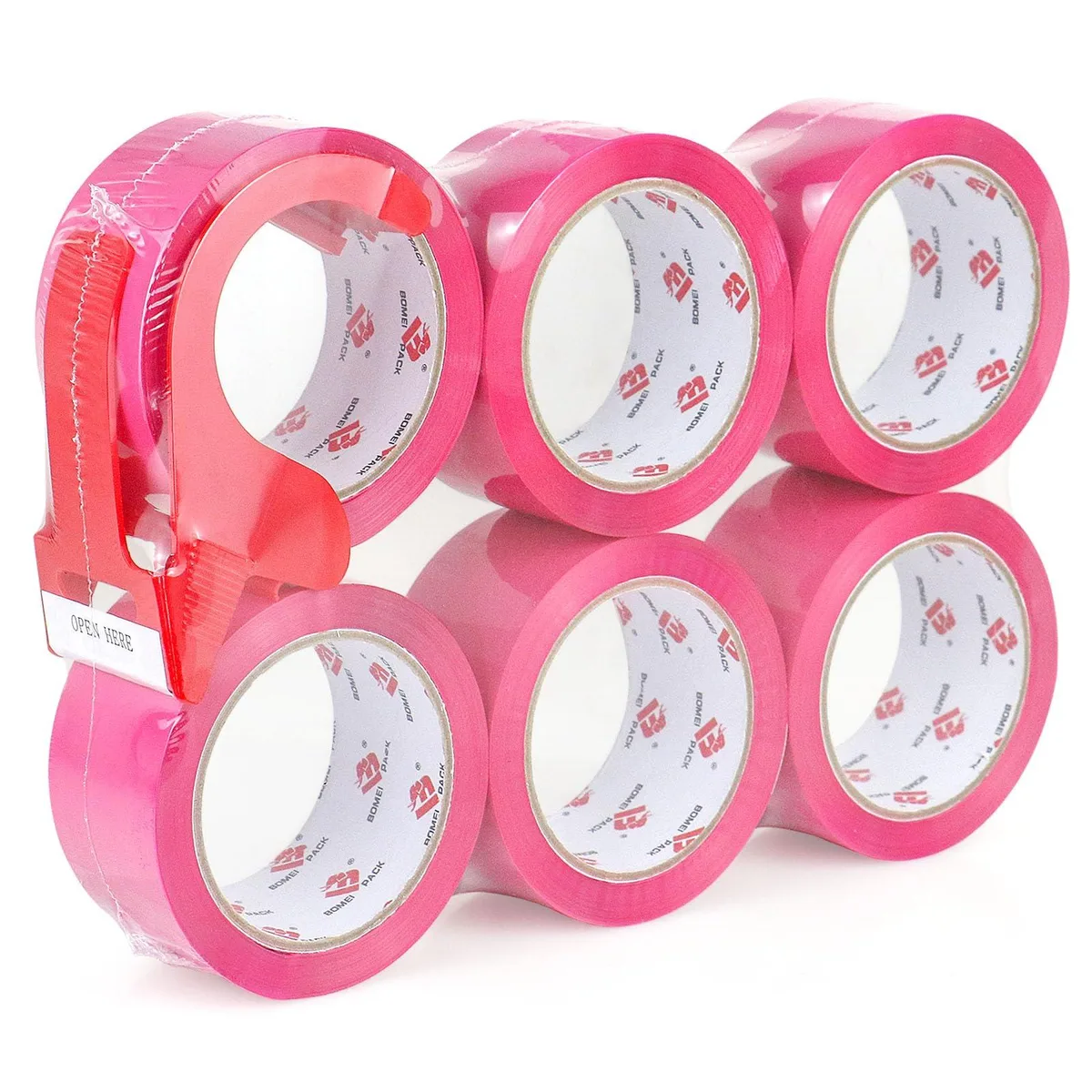  BOMEI PACK 6 Rolls Colored Moving Tape with Dispenser 1.88 Inch x 60 Yard Pink — product photo