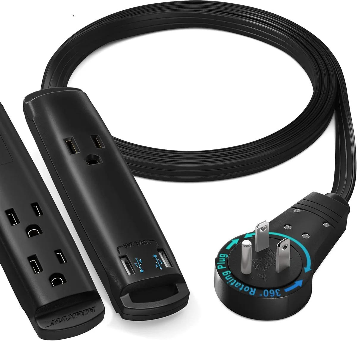 PISKEKAT PISKEKAT 3-Outlet USB Extension Cord 3FT Black 360° Plug server rack — product photo