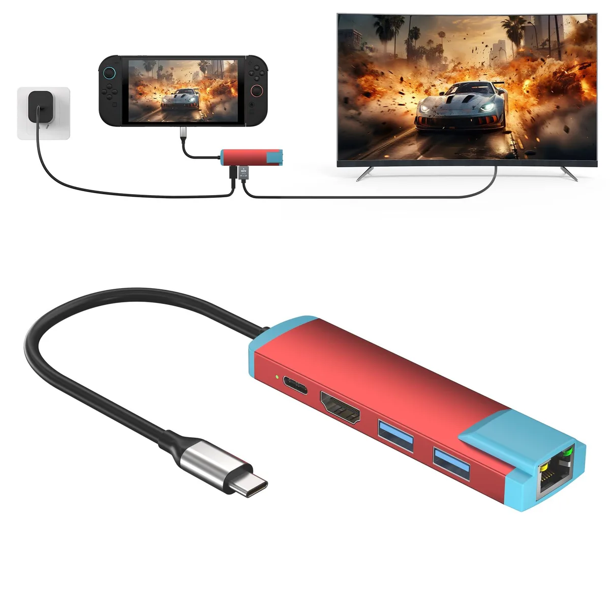 YEEKRNOW USB-C Switch 2 Dock 4K@60Hz Blue/Red 45g — product photo