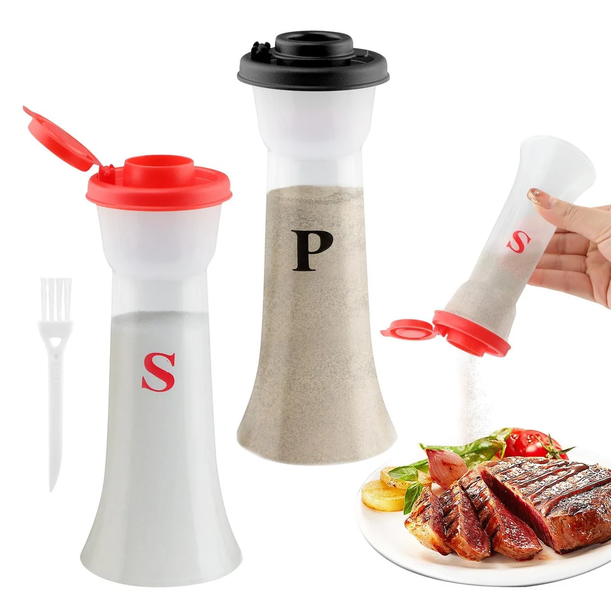 Two hourglass salt and pepper shakers red black with S P labels and lids