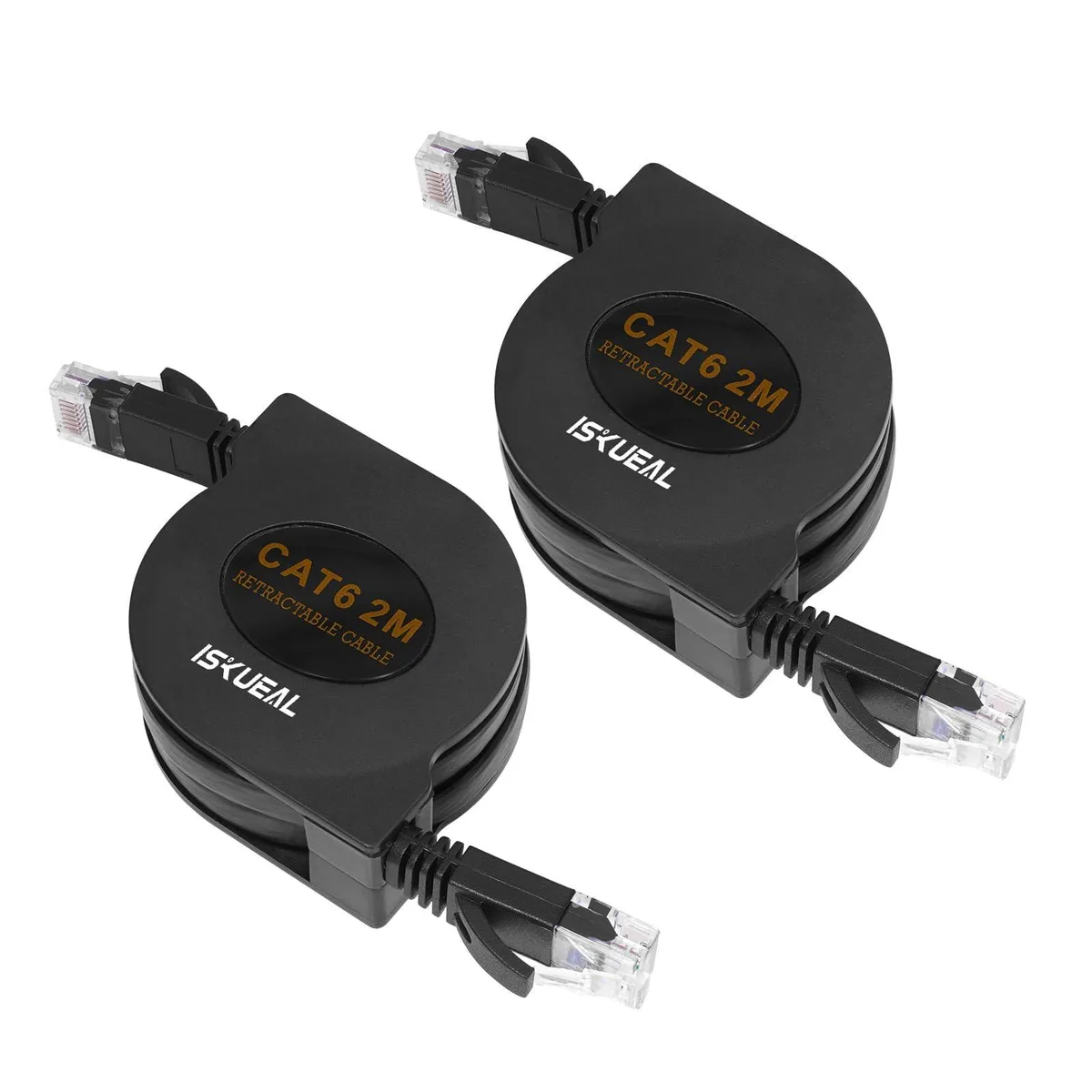 Two black flat retractable Cat6 Ethernet cables with RJ45 connectors