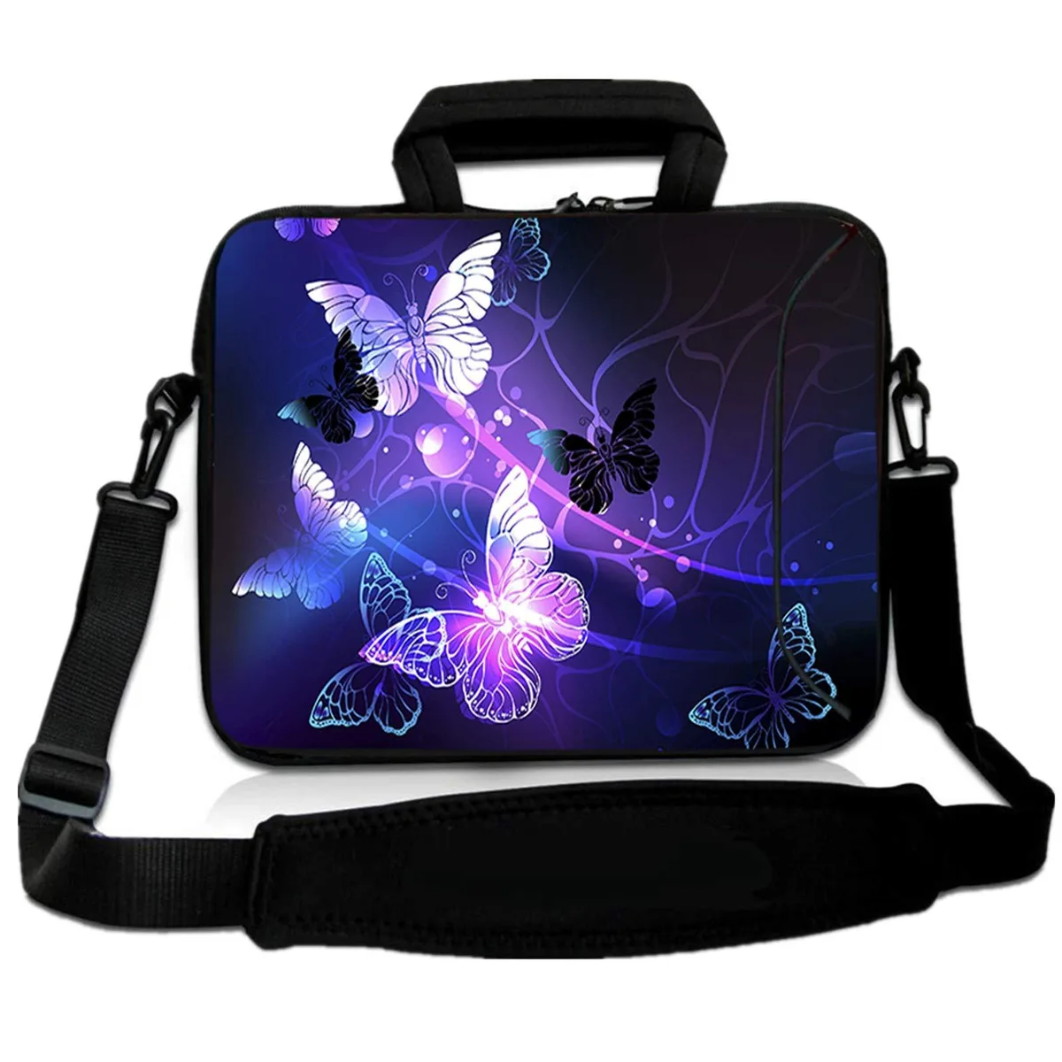 Pink butterfly messenger bag, neoprene with handle and adjustable strap