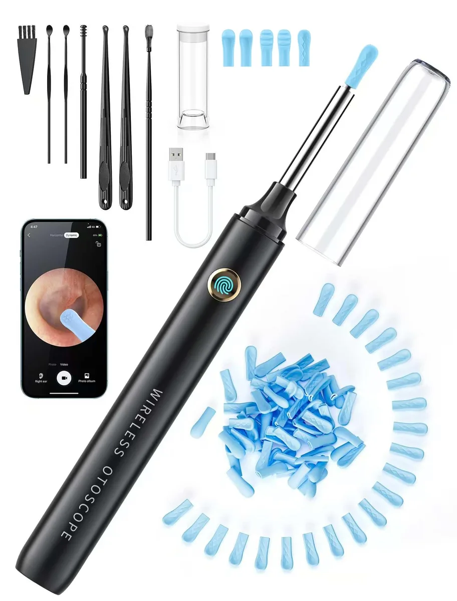Black ear wax removal tool with HD camera and 50 tips