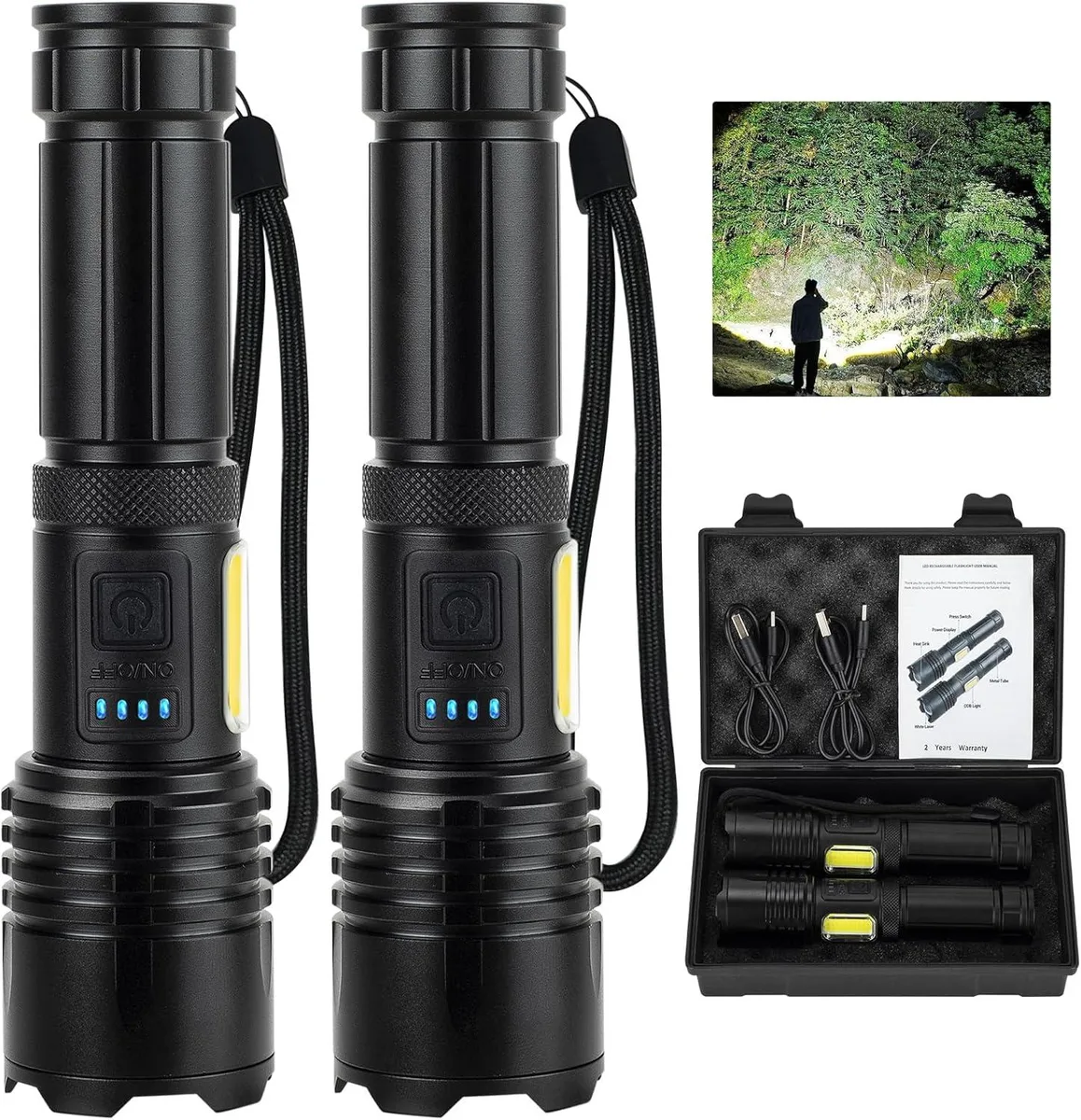 Cylindrical rechargeable LED flashlight with COB side light, matte dark finish