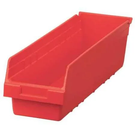 Red plastic shelf bin 23 5/8 in long with label holder