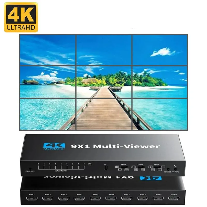 Black rectangular box with nine HDMI inputs and one output, IR remote included