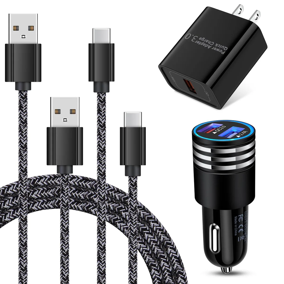 White wall charger and black car charger with two USB-C cables coiled beside them