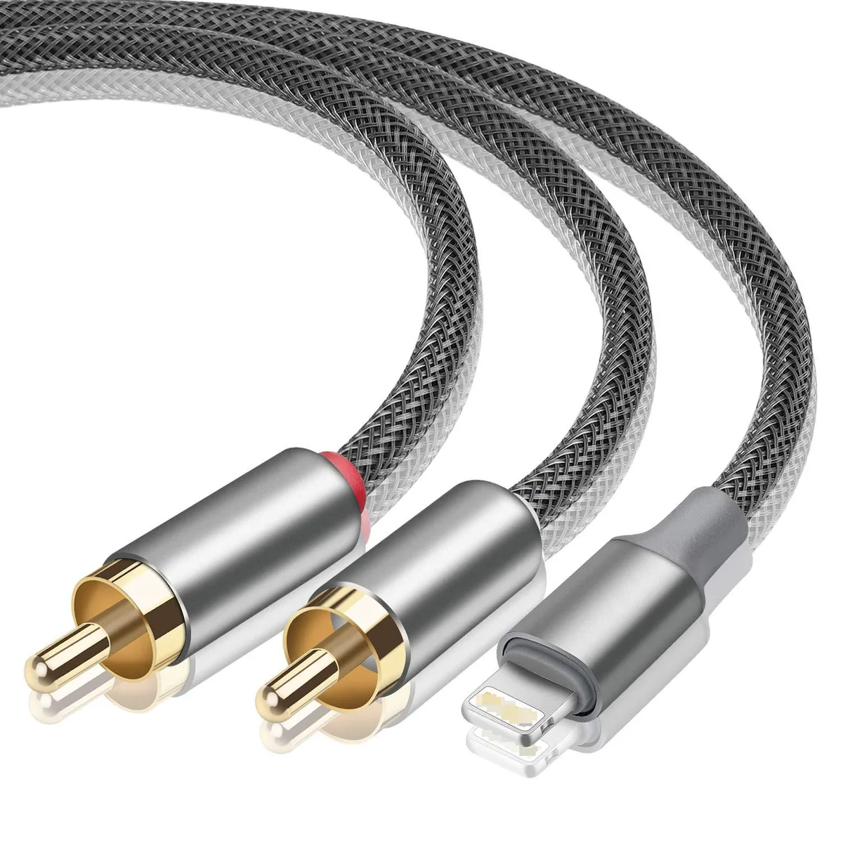 Gray Lightning-to-RCA Y cable, six-foot length, gold connectors