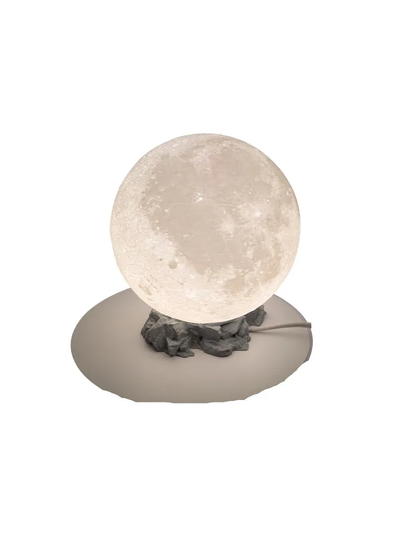 White spherical moon lamp on a base, 6.5 inches wide, 7.5 inches tall, textured surface from NASA scans
