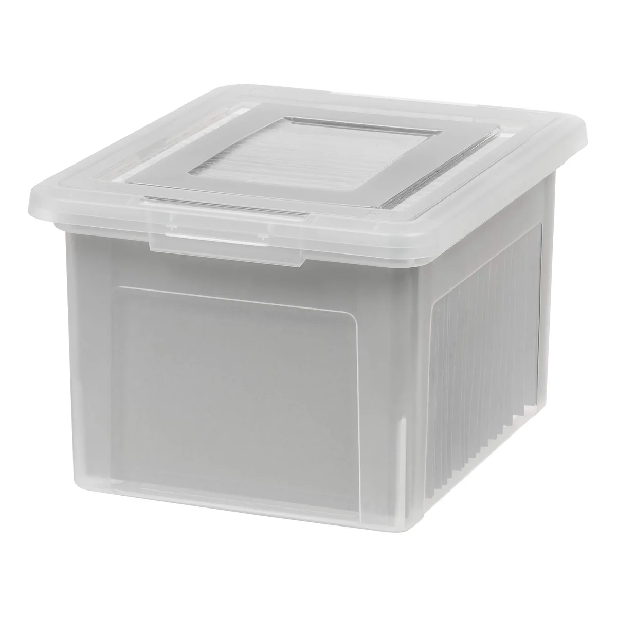 Clear rectangular plastic storage box with snap lid and built-in handle