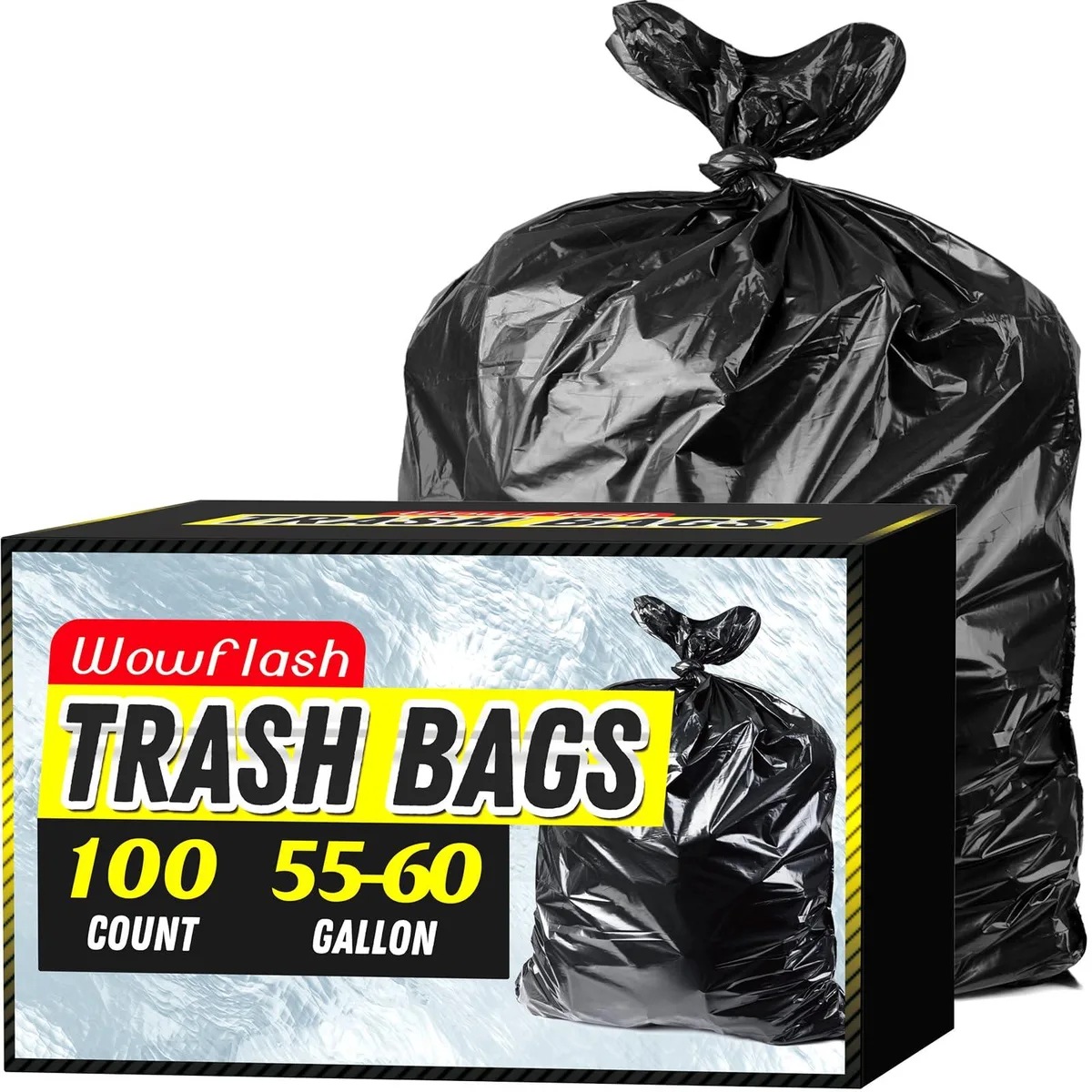 A closed cardboard box containing one hundred black plastic trash bags on a perforated roll