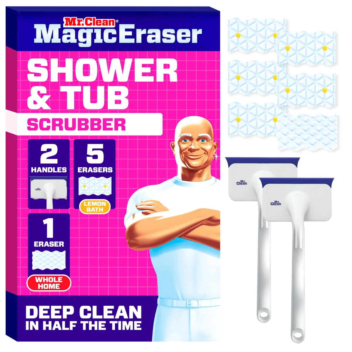 Two white scrubbers with lemon foaming erasers and one extra durable eraser in a box