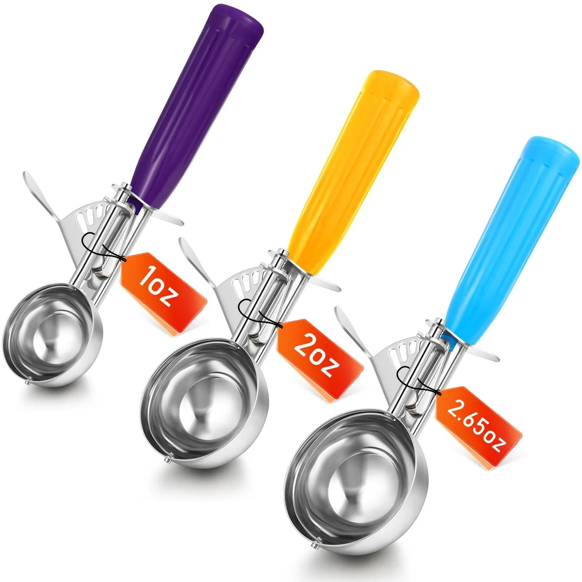 Three stainless steel scoops with purple yellow blue plastic handles and spring triggers