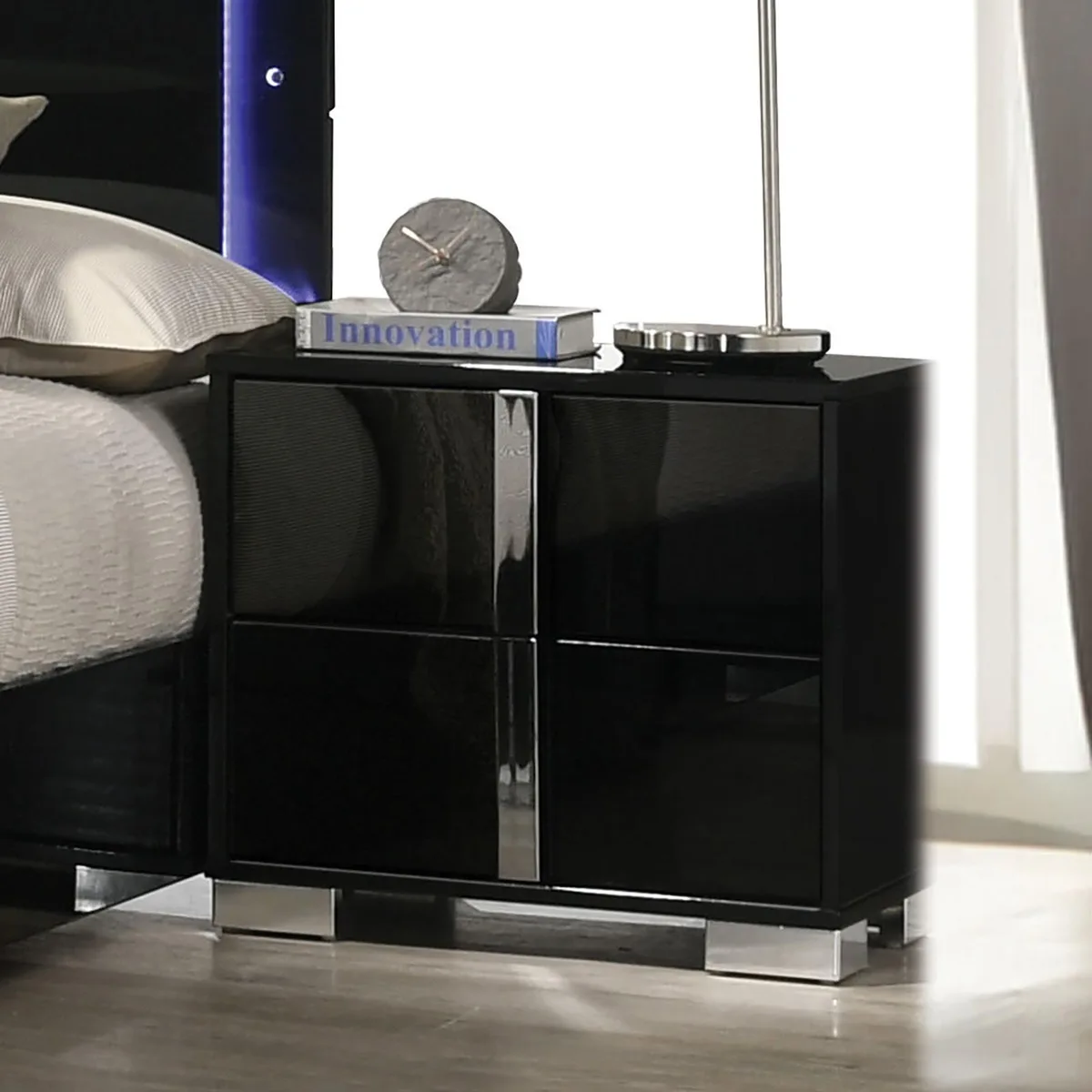tuphen tuphen Contemporary Classic Black Nightstand Chrome Legs Handles 23.5"L 15.5"W 22"H — product photo