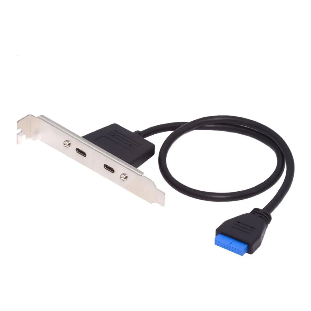 Black 50 cm cable with 19/20 pin motherboard plug and dual USB-C female ports on a PCI bracket