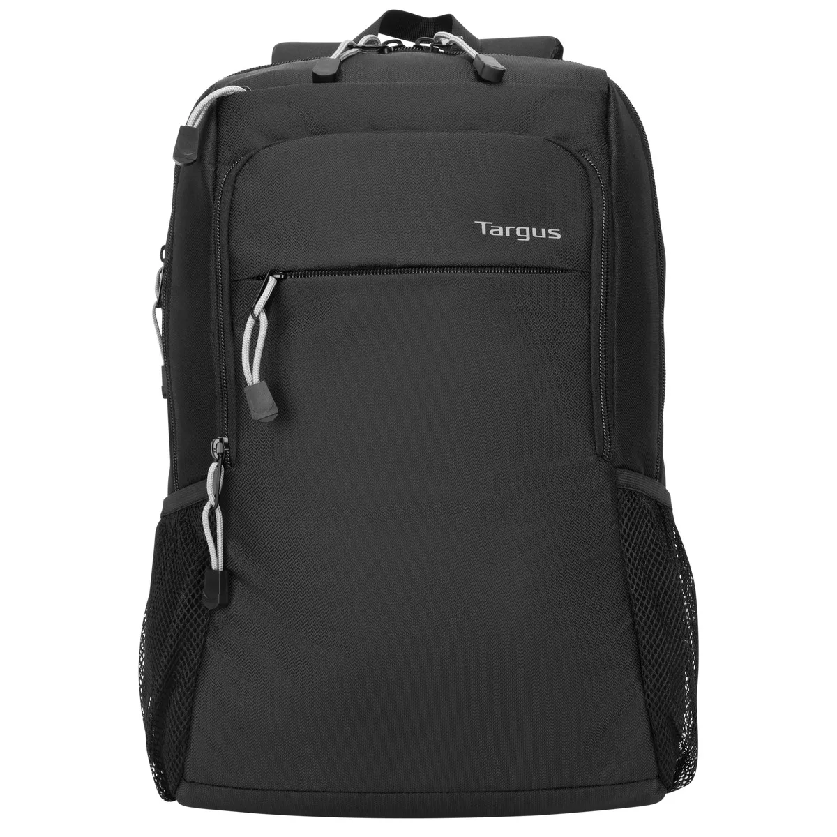 Black 15.6 inch laptop backpack with mesh back panel, water-resistant polyester, front accessory pocket and trolley strap