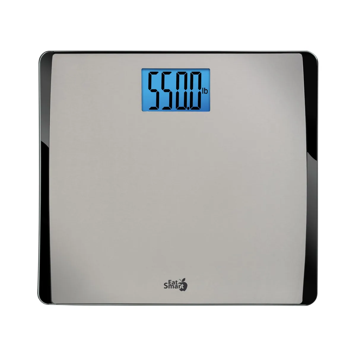 Rectangular silver bathroom scale with black glass base, wide LCD display showing blue backlight, 15 by 13 inch platform