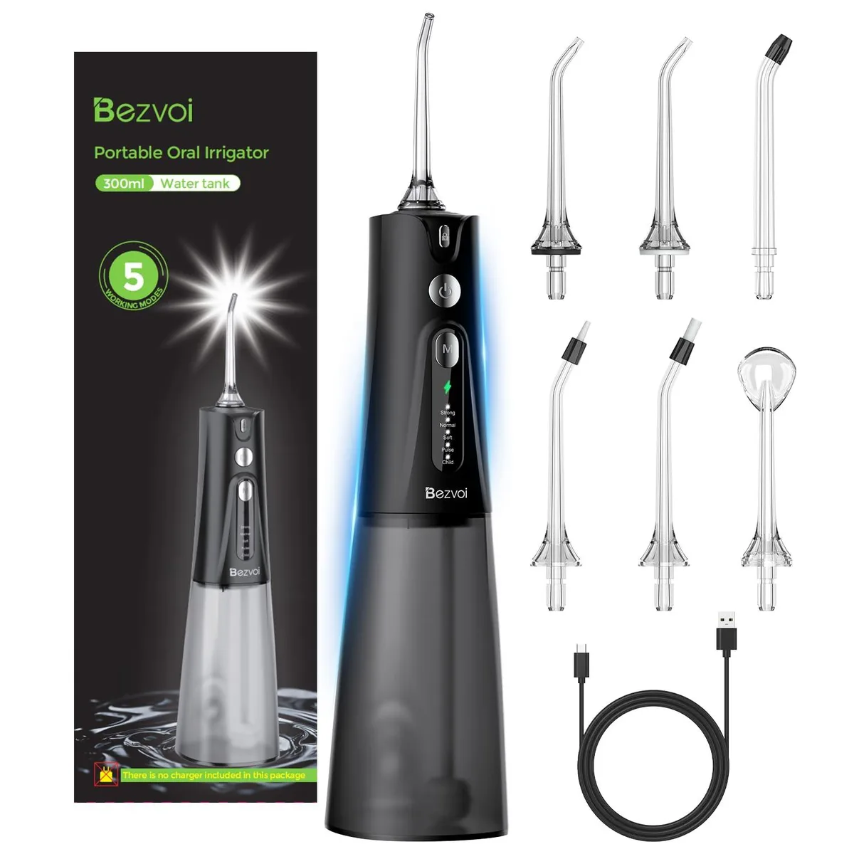Black cordless water flosser with detachable tank and five cleaning modes