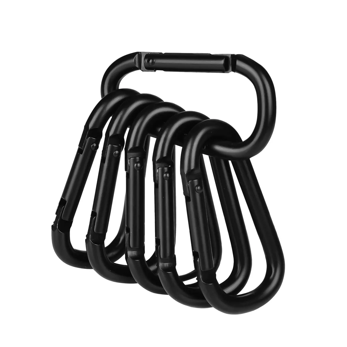 Six small black aluminium carabiners with spring gates