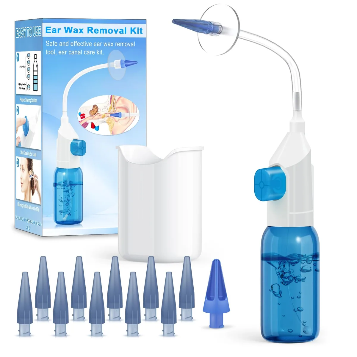 Blue ear irrigation kit with spray bottle, basin and ten disposable tips