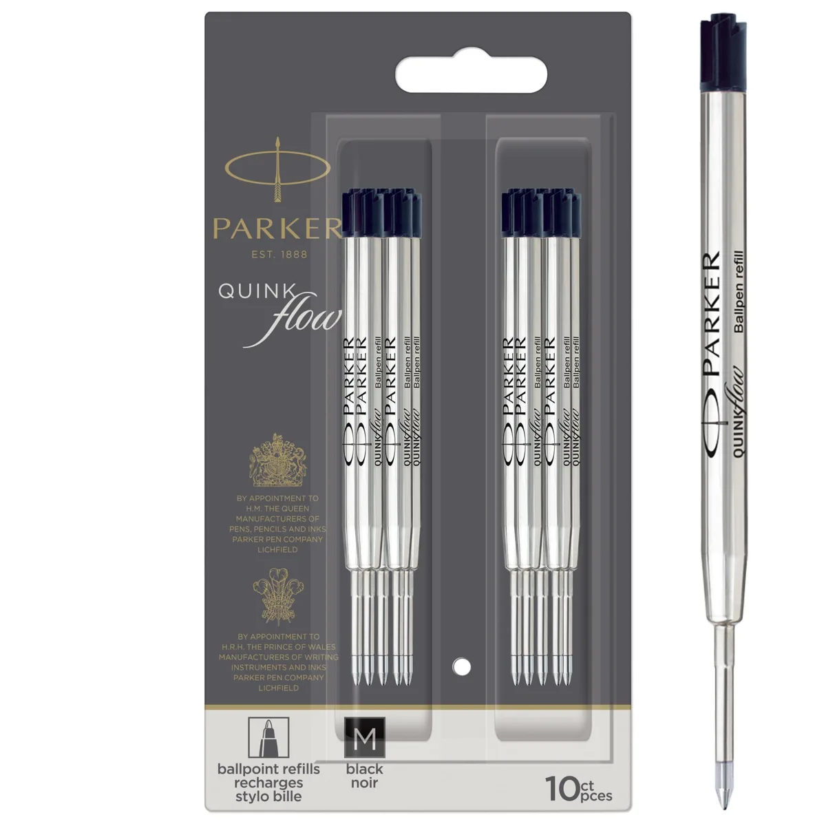 Ten black Parker Quinkflow medium refills in clear packaging